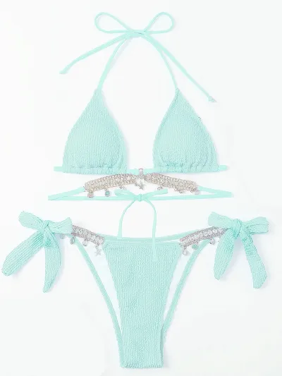 Women Fashion Sexy Solid Color Rhinestone Chain Lace Up Bikini Swimsuit
