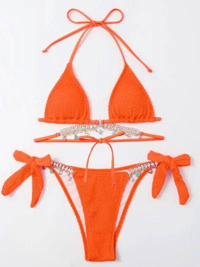 Women Fashion Sexy Solid Color Rhinestone Chain Lace Up Bikini Swimsuit