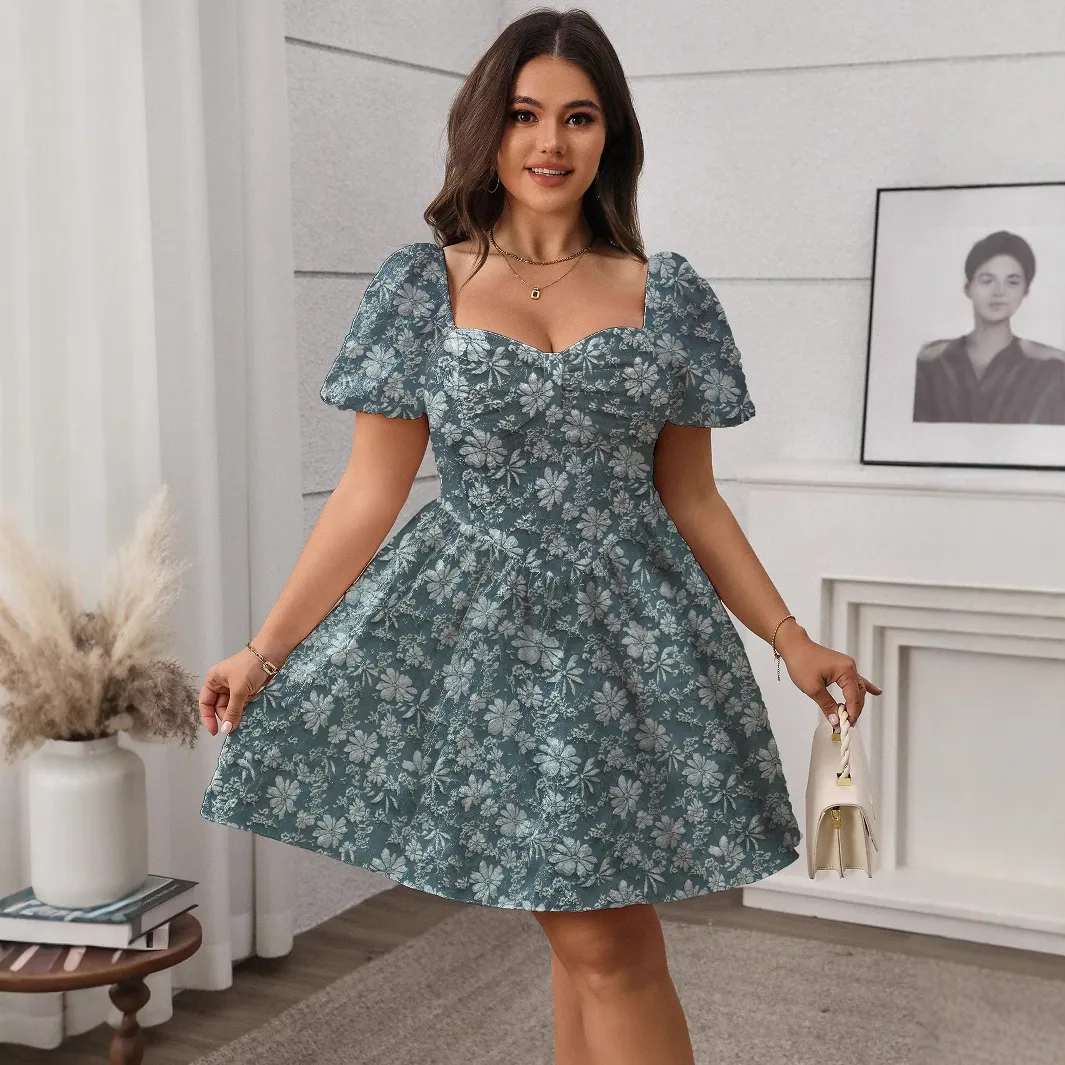 Women Fashion Elegant Plus Size Solid Square Neck Short-Sleeve Dress