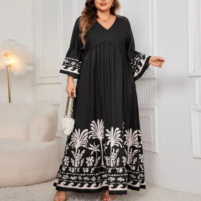 Women Plus Size Printed V-Neck Trumpet Sleeve Loose Dress