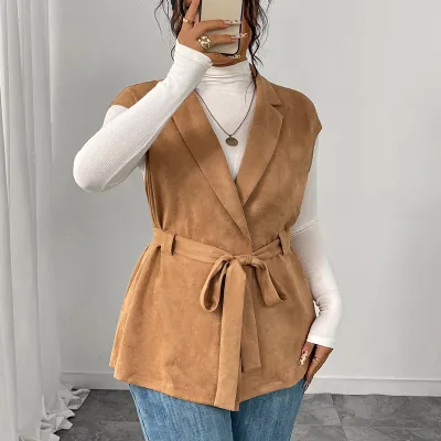Women Fashion Casual Plus Size Solid Color Loose Lace-Up Vest