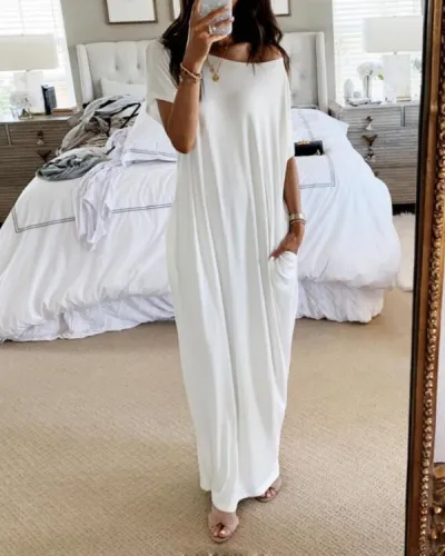 Women Casual Simple Short-Sleeved Solid Color Maxi Dress