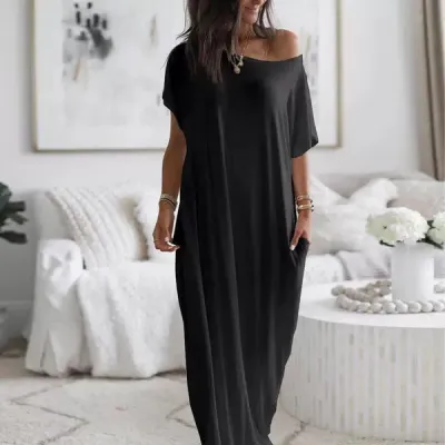 Women Casual Simple Short-Sleeved Solid Color Maxi Dress