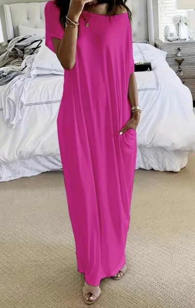 Women Casual Simple Short-Sleeved Solid Color Maxi Dress