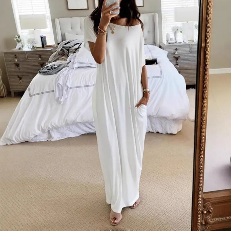 Women Casual Simple Short-Sleeved Solid Color Maxi Dress