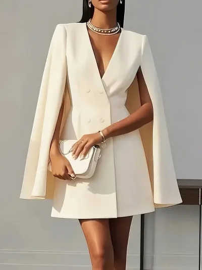 Women Casual Solid Color Double-Breasted Cape Pleated Dress
