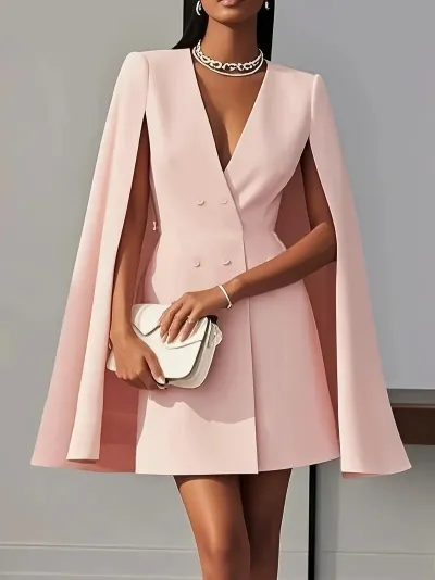 Women Casual Solid Color Double-Breasted Cape Pleated Dress