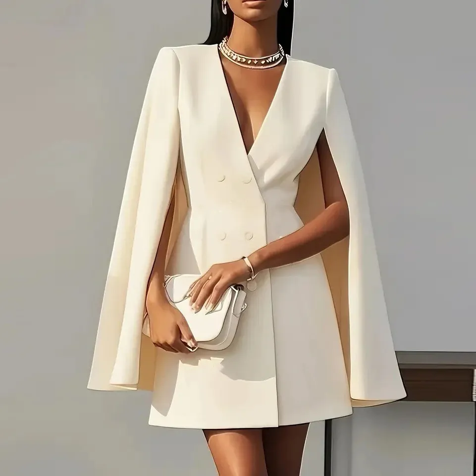 Women Casual Solid Color Double-Breasted Cape Pleated Dress