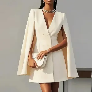 Women Casual Solid Color Double-Breasted Cape Pleated Dress
