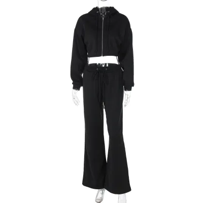 Women Autumn Winter Athleisure Fashion Cropped Zip Hoodie Pants Two-Piece Set