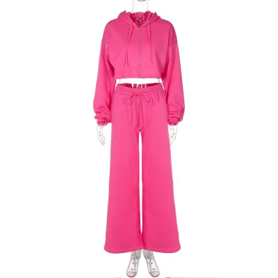 Women Autumn Winter Athleisure Fashion Cropped Zip Hoodie Pants Two-Piece Set