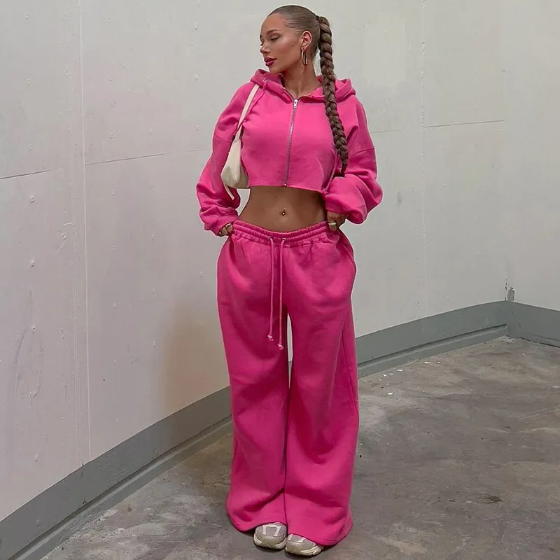 Women Autumn Winter Athleisure Fashion Cropped Zip Hoodie Pants Two-Piece Set