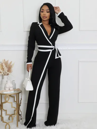 Women Fashion Casual Autumn Winter Color Block Lapel Long Sleeve Lace-Up Jumpsuit