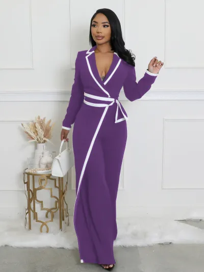 Women Fashion Casual Autumn Winter Color Block Lapel Long Sleeve Lace-Up Jumpsuit