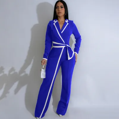 Women Fashion Casual Autumn Winter Color Block Lapel Long Sleeve Lace-Up Jumpsuit