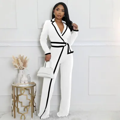 Women Fashion Casual Autumn Winter Color Block Lapel Long Sleeve Lace-Up Jumpsuit
