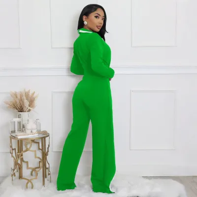 Women Fashion Casual Autumn Winter Color Block Lapel Long Sleeve Lace-Up Jumpsuit