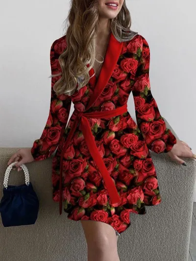 Women Fashion Casual Spring And Autumn Floral Print Lantern Sleeve Lace-Up Dress
