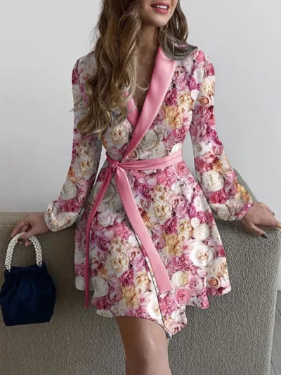 Women Fashion Casual Spring And Autumn Floral Print Lantern Sleeve Lace-Up Dress