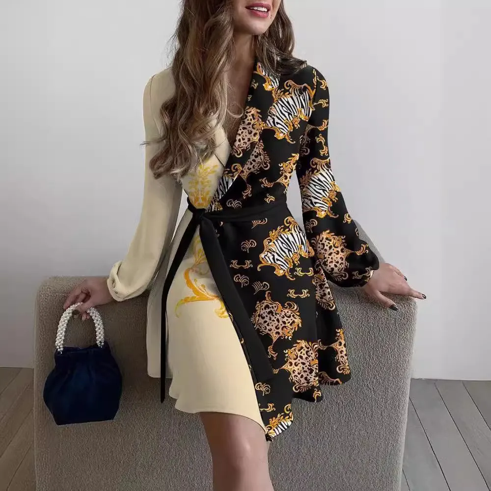 Women Fashion Casual Spring And Autumn Floral Print Lantern Sleeve Lace-Up Dress