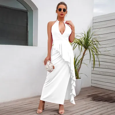 Vestido sexy plisado con volantes y cuello halter sin mangas para mujer