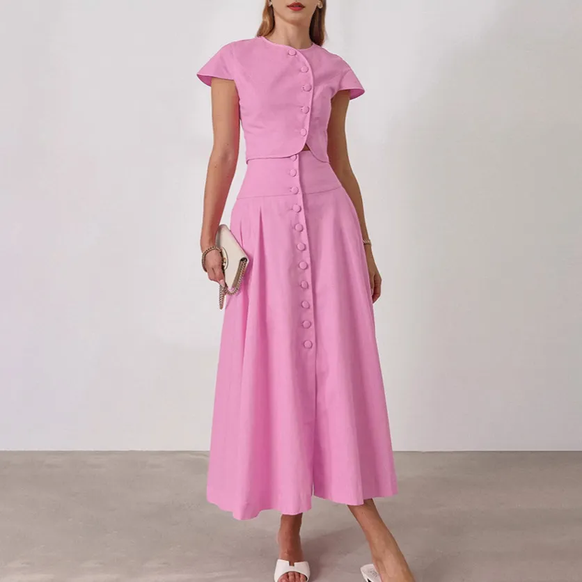 Women Elegant Solid Color Short-Sleeve Button Crop Top Loose Skirt Two-Piece Set