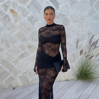 Women Sexy Lace Perspective Round Neck Long Sleeve Bodycon Maxi Dress