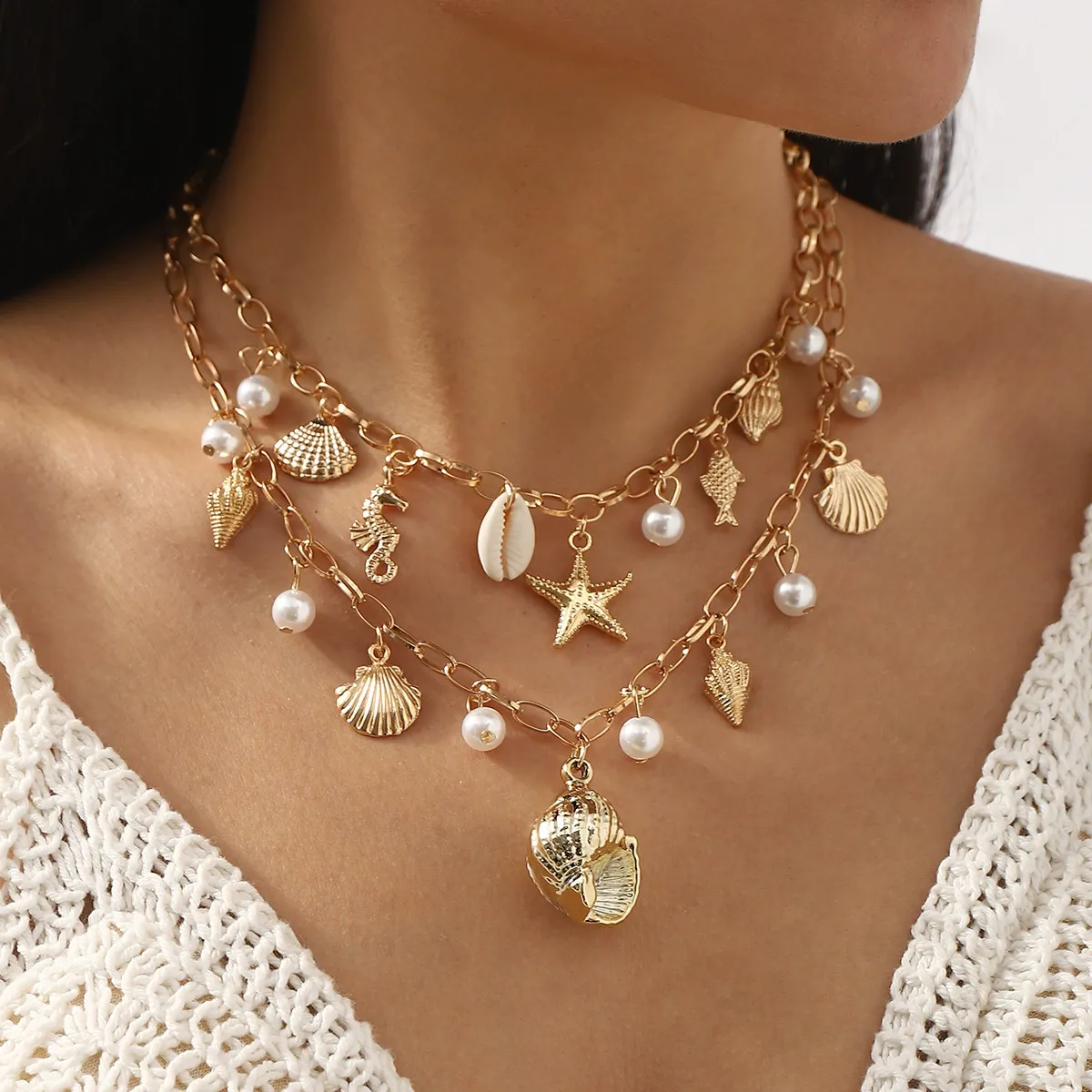 Women Fashion Sea Wind Pearl Starfish Shell Pendant Necklace
