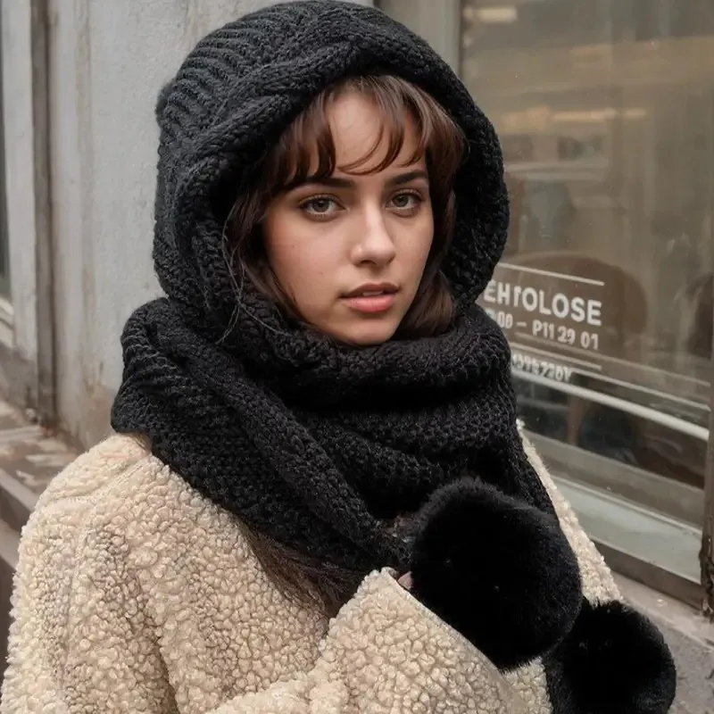 Women Fashion Casual Autumn Winter Solid Color Thickened Warm Knitted Scarf Integrated Hat