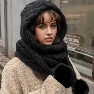 Women Fashion Casual Autumn Winter Solid Color Thickened Warm Knitted Scarf Integrated Hat