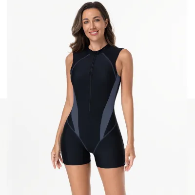 Women Fashion Color Block Sleeveless Zipper Tight One-Piece Racing Swimsuit