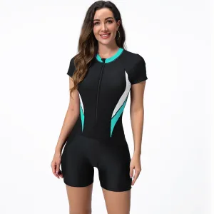 Women Color Block Short-Sleeve Zipper One-Piece Tight Racing Swimsuit