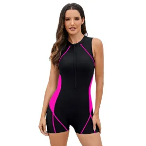 Women Color Block Sleeveless Zipper Tight Racing One-Piece Swimsuit