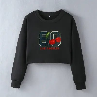 Street Women Casual Alphabet Cherry Print Crop Top Pullover Sweatshirt
