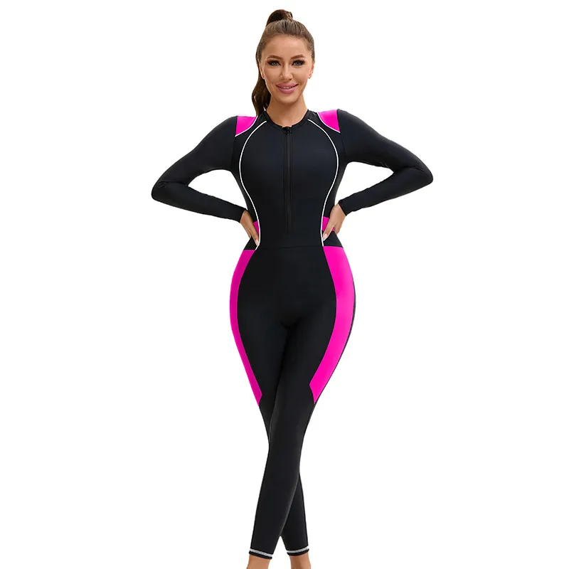 Women Colorblock Long-Sleeve Zipper Racing One-Piece Swimsuit