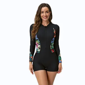 Women's Printed Long-Sleeve Zipper Tight One-Piece Racing Swimsuit
