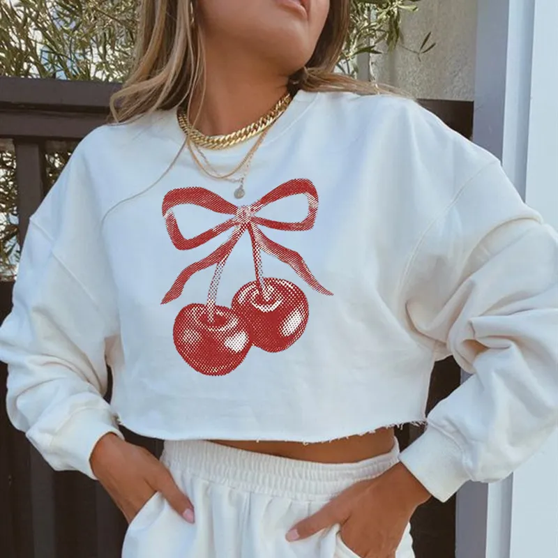 Women Street Casual Cherry Print Crop Top Sweatshirt