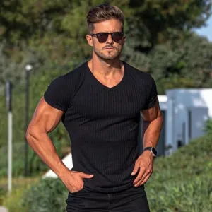 Men Fashion Casual Solid Color V-Neck Short Sleeve Slim Fit Cotton Blend T-Shirt