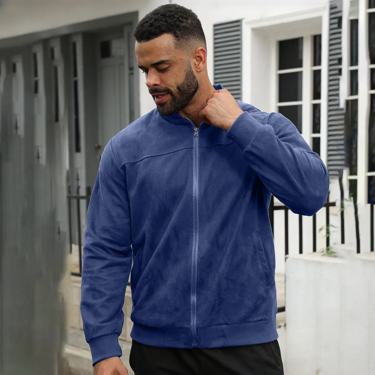 Men Punk Suede Zipper Jacket with Stand Collar