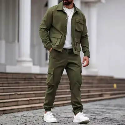 Men Fashion Casual Solid Color Lapel Long-Sleeve Jacket Multi-Pocket Pants Two-Piece Set
