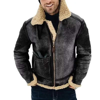 Men Fashion Casual Winter Suede Thickened Jacket with Lapel Collar