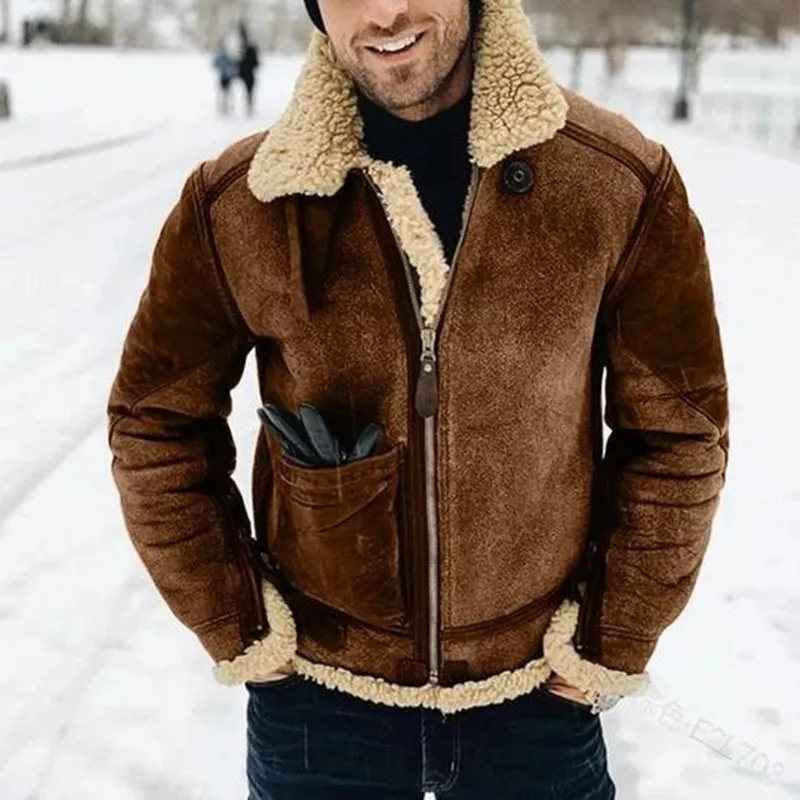 Men Fashion Casual Winter Suede Thickened Jacket with Lapel Collar