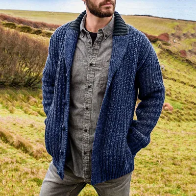 Men Fashion Autumn Winter Solid Color Long Sleeve Lapel Cardigan Knitted Coat Slim Fit