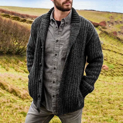 Men Fashion Autumn Winter Solid Color Long Sleeve Lapel Cardigan Knitted Coat Slim Fit
