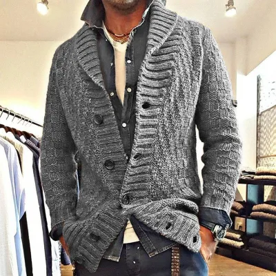 Men Fashion Casual Autumn Winter Solid Color Lapel Knitted Cardigan Coat