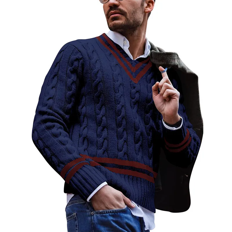 Men Fashion Casual Color Block V-Neck Long Sleeve Knitted Sweater