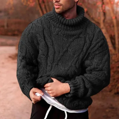 Men's Fashion Solid Color Twist Turtleneck Sweater Autumn Winter Loose Fit