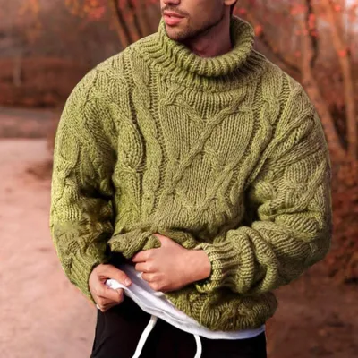 Men's Fashion Solid Color Twist Turtleneck Sweater Autumn Winter Loose Fit