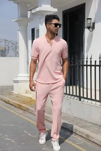 Men Fashion Casual Solid Color Polo Short-Sleeve T-Shirt Slim Fit Pants Two-Piece Set