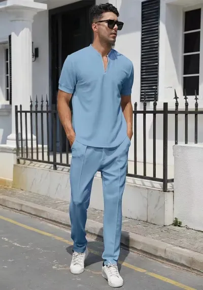 Men Fashion Casual Solid Color Polo Short-Sleeve T-Shirt Slim Fit Pants Two-Piece Set
